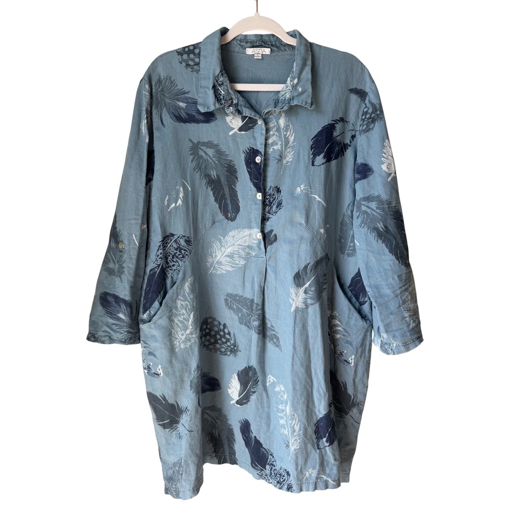 Vasna Linen Cotton Shirt Dress Blue White Feather Print Buttons Pockets Large